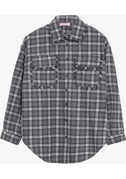 Ekose Püskül Cepli Oversize Gömlek Gri