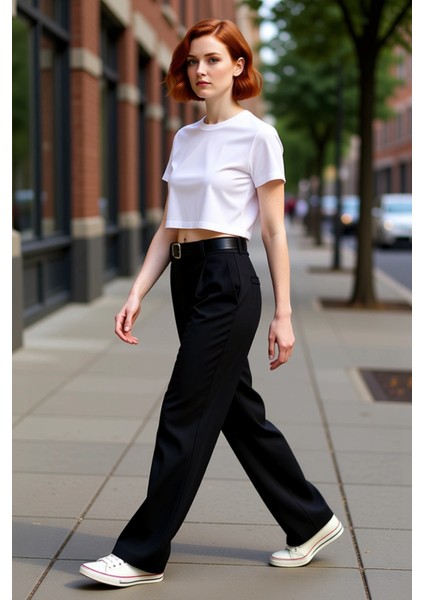 Kadın Yüksek Bel Geniş Paça Dokuma Pantolon Fonksiyonel Dayanıklı Kaliteli Konforlu Modern