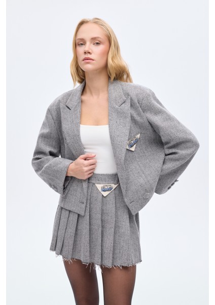 Triko Garnili Balıksırtı Blazer Ceket Gri