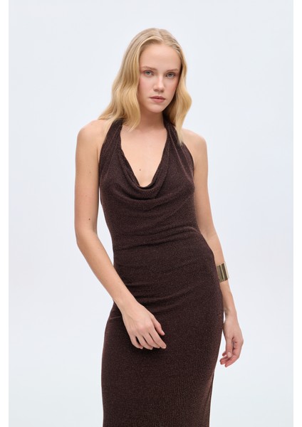 Simli Drape Yaka Midi Elbise Kahverengi fırsatları