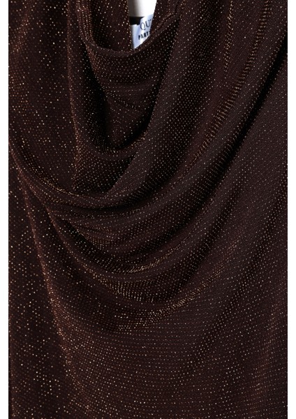 Simli Drape Yaka Midi Elbise Kahverengi indirimleri