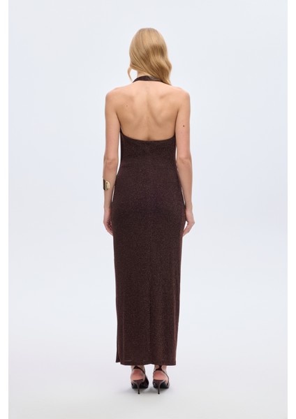 Simli Drape Yaka Midi Elbise Kahverengi