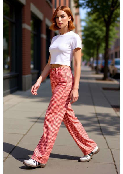 Kadin Kirmizi Pötikareli Genis Paça Pantolon Fonksiyonel Dayanıklı Kaliteli Konforlu Rahat