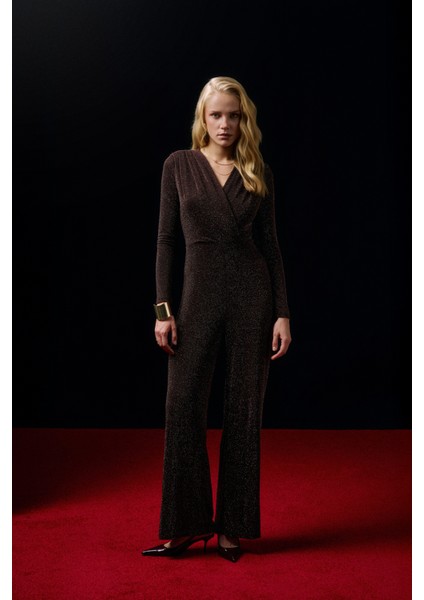 Simli Kruvaze Yaka Uzun Tulum Kahverengi