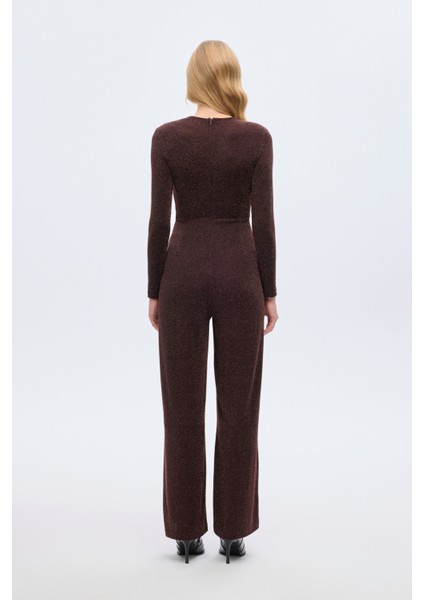 Simli Kruvaze Yaka Uzun Tulum Kahverengi