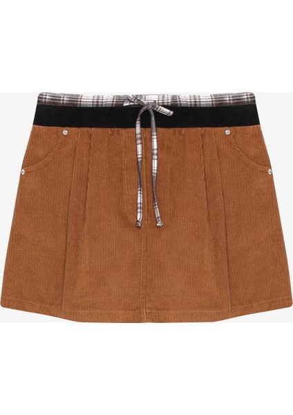 Ekose Bağcıklı Kadife Mini Etek Kahverengi fiyatları