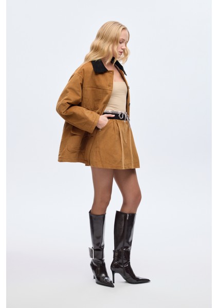 Ekose Bağcıklı Kadife Mini Etek Kahverengi modelleri