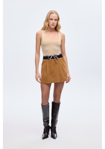 Ekose Bağcıklı Kadife Mini Etek Kahverengi fırsatları