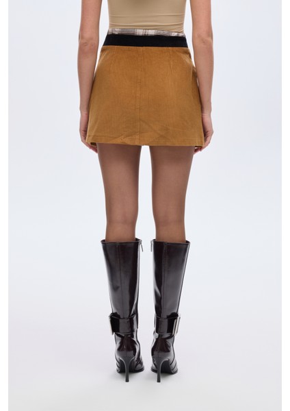 Ekose Bağcıklı Kadife Mini Etek Kahverengi indirimleri