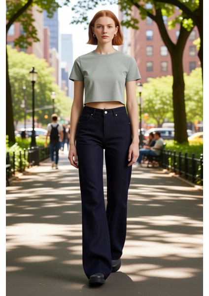 Koyu Jakar Dokulu Yüksek Bel Geniş Paça Kadın Pantolonu Fonksiyonel Dayanıklı Kaliteli Şık modelleri