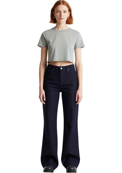 Koyu Jakar Dokulu Yüksek Bel Geniş Paça Kadın Pantolonu Fonksiyonel Dayanıklı Kaliteli Şık fırsatları