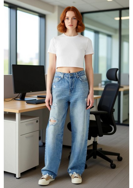 Kadın Vintage Bol Paça Yırtıklı Kot Pantolon Fonksiyonel Dayanıklı Kaliteli Konforlu Rahat modelleri