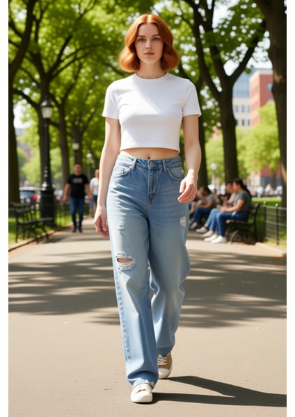 Kadın Vintage Bol Paça Yırtıklı Kot Pantolon Fonksiyonel Dayanıklı Kaliteli Konforlu Rahat fırsatları