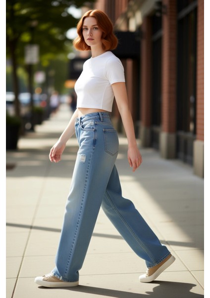 Kadın Vintage Bol Paça Yırtıklı Kot Pantolon Fonksiyonel Dayanıklı Kaliteli Konforlu Rahat indirimleri