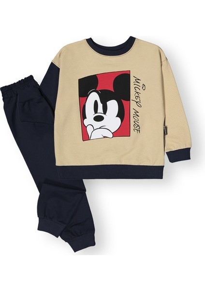 2-5 Yaş Mickey Mouse Baskılı Çizgili Bisiklet Yaka Çocuk Eşofman Takımı | Mevsimlik
