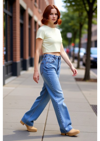 Kadın Geniş Paça Yüksek Bel Jean Pantolon Fonksiyonel Dayanıklı Kaliteli Konforlu Estetik Şık