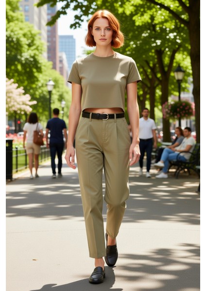 Kadın Haki Yüksek Bel Kemerli Düz Kesim Pantolon Fonksiyonel Dayanıklı Kaliteli Konforlu Şık fırsatları