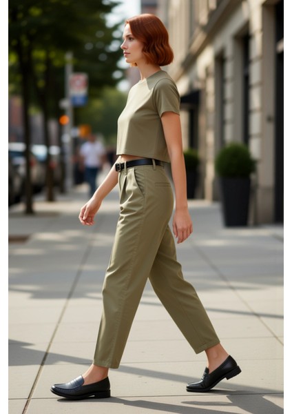 Kadın Haki Yüksek Bel Kemerli Düz Kesim Pantolon Fonksiyonel Dayanıklı Kaliteli Konforlu Şık indirimleri