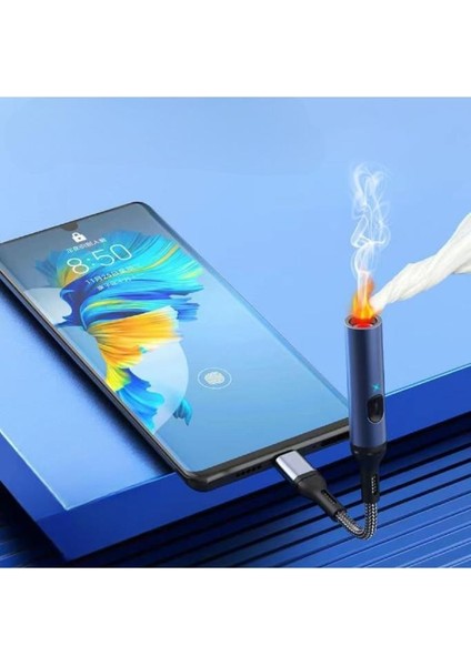 USB Şarjlı Alevsiz Çakmak Type C Kablolu Alüminyum Gövde Elektronik Telefon Kamp Araç Çakmağı