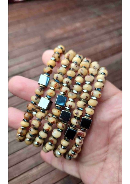 %100 Doğal Hurma Çekirdeği Bileklik Hematit Taş Tasarımlı