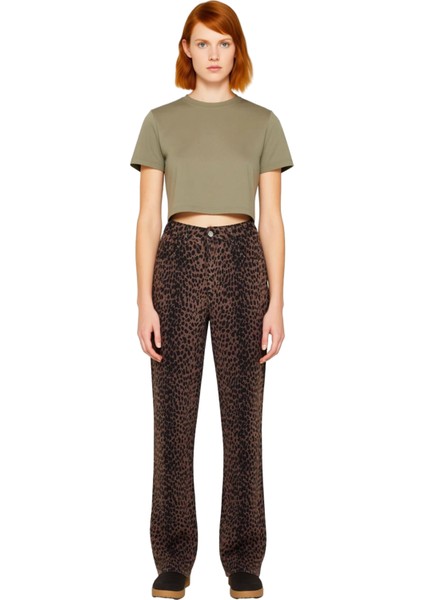 Kadın Animal Desenli Yüksek Bel Bol Paça Kot Pantolon Fonksiyonel Dayanıklı Kaliteli Rahat