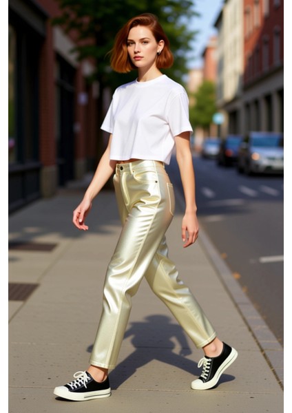 Kadın Metalik Efektli Yüksek Bel Straight Fit Jean Fonksiyonel Dayanıklı Kaliteli Konforlu indirimleri