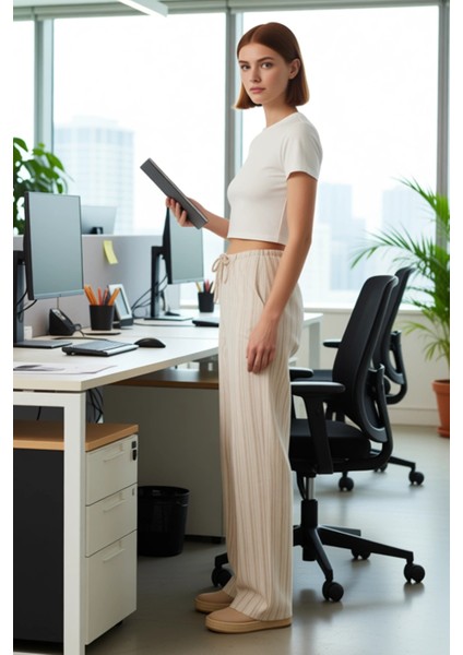 Kadın Çizgili Keten Dokulu Geniş Paça Pantolon Fonksiyonel Dayanıklı Kaliteli Konforlu Şık