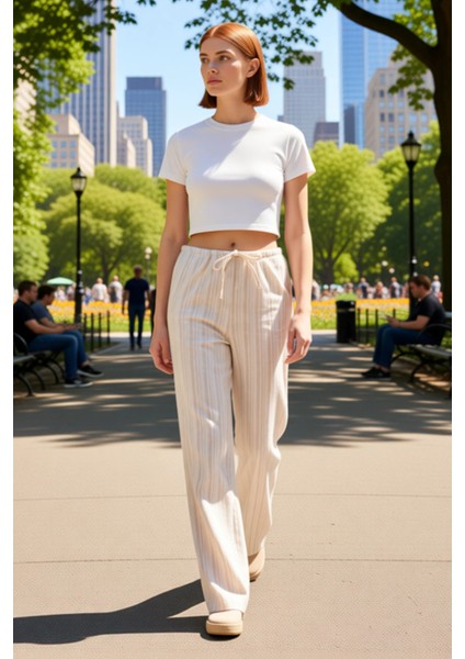 Kadın Çizgili Keten Dokulu Geniş Paça Pantolon Fonksiyonel Dayanıklı Kaliteli Konforlu Şık fiyatları