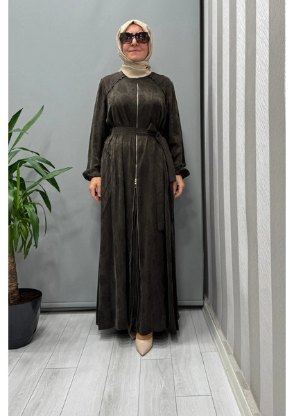 Fermuar Detaylı Jakarlı Cupra Ipek Elbise Kahve 38835