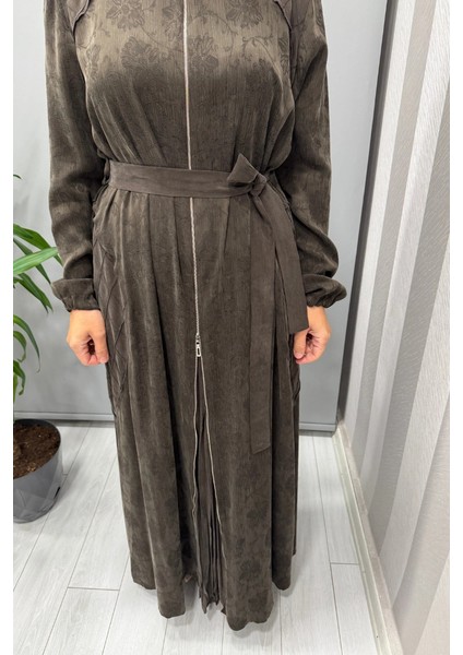 Fermuar Detaylı Jakarlı Cupra Ipek Elbise Kahve 38835 fırsatları