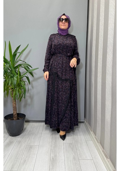 Çiçek Desenli Cupra Ipek Elbise Mor 38829