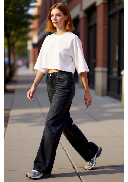 Kadın Yüksek Bel Düz Renk Geniş Paça Jean Fonksiyonel Dayanıklı Kaliteli Konforlu Estetik Şık indirimleri