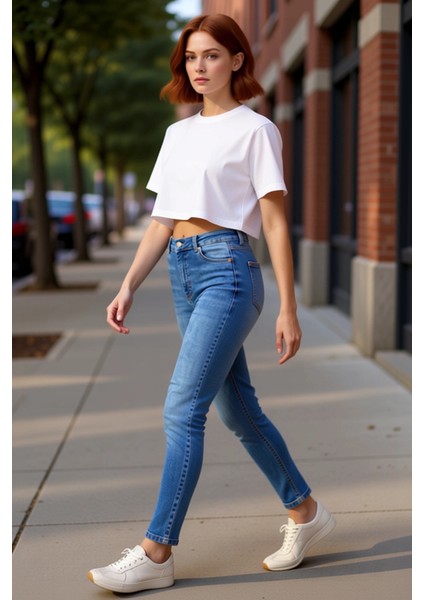 Kadın Esnek Yüksek Bel Dar Paça Jean Fonksiyonel Dayanıklı Kaliteli Konforlu Estetik Rahat indirimleri