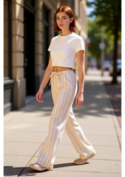Kadın Çizgili Keten Dokulu Geniş Paça Pantolon Fonksiyonel Dayanıklı Kaliteli Konforlu Şık modelleri