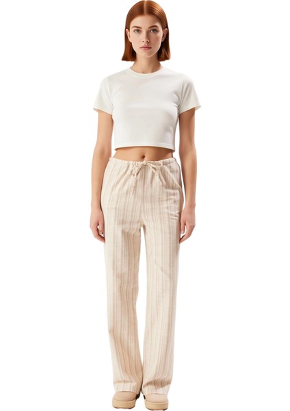 Kadın Çizgili Keten Dokulu Geniş Paça Pantolon Fonksiyonel Dayanıklı Kaliteli Konforlu Şık fırsatları