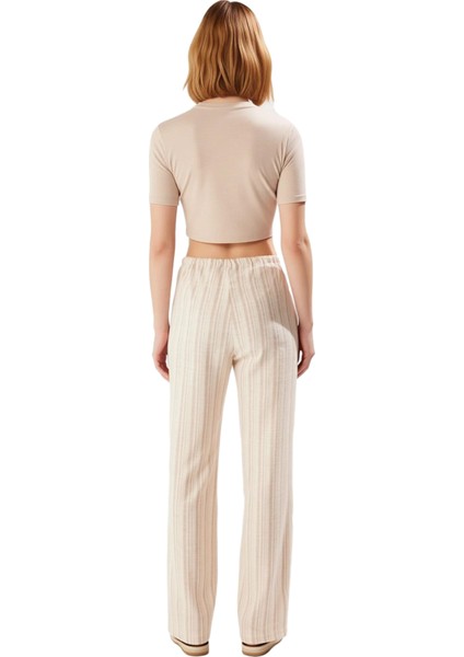 Kadın Çizgili Keten Dokulu Geniş Paça Pantolon Fonksiyonel Dayanıklı Kaliteli Konforlu Şık indirimleri