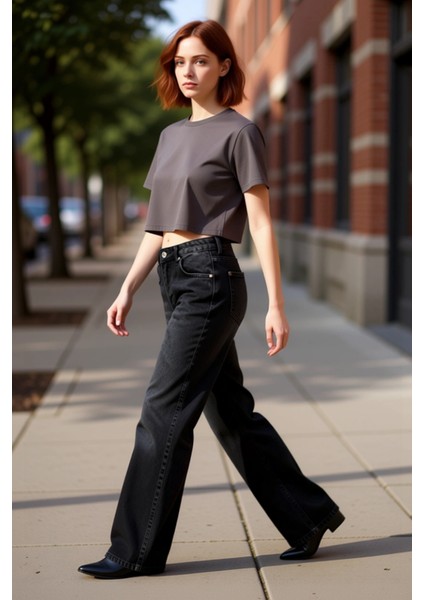 Kadın Açık Düşük Bel Geniş Paça Denim Pantolon Fonksiyonel Dayanıklı Kaliteli Konforlu Şık