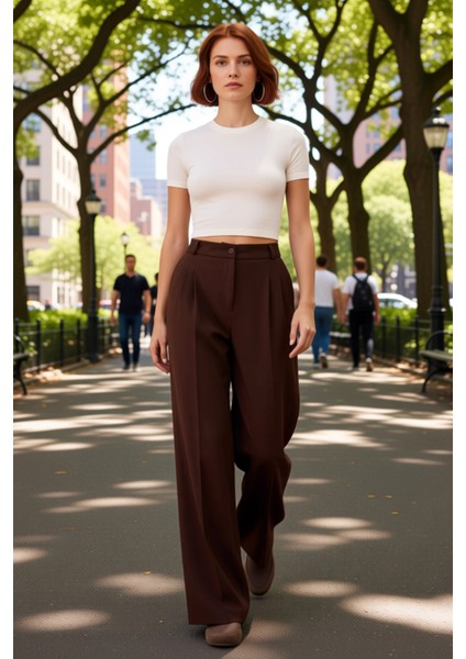 Kadın Haki Yüksek Bel Geniş Paça Pantolon Fonksiyonel Dayanıklı Kaliteli Konforlu Estetik Şık modelleri