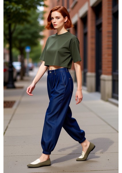 Kadin Koyu Bol Kesim Pileli Denim Pantolon Fonksiyonel Dayanıklı Kaliteli Konforlu Estetik