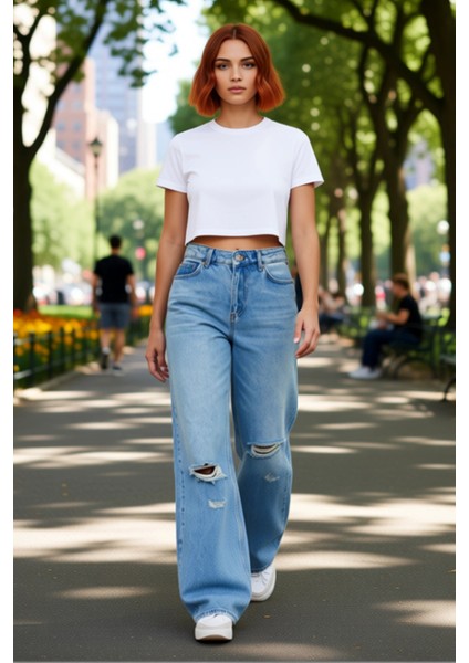 Kadın Düşük Bel Yırtık Detaylı Wide Leg Kot Pantolon Fonksiyonel Dayanıklı Kaliteli Modern fiyatları