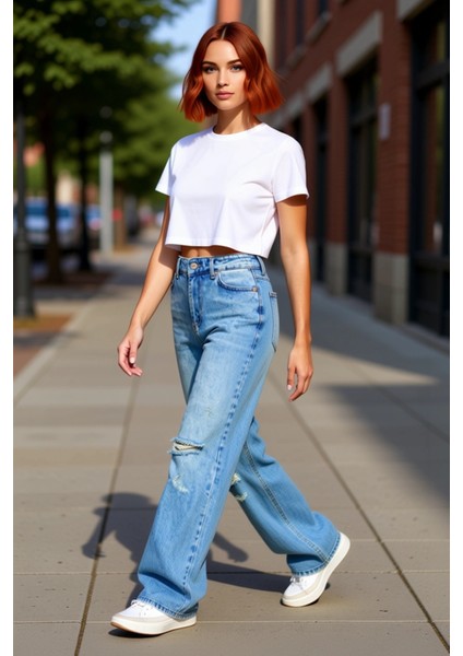 Kadın Düşük Bel Yırtık Detaylı Wide Leg Kot Pantolon Fonksiyonel Dayanıklı Kaliteli Modern modelleri