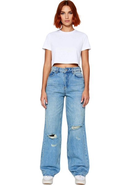 Kadın Düşük Bel Yırtık Detaylı Wide Leg Kot Pantolon Fonksiyonel Dayanıklı Kaliteli Modern fırsatları