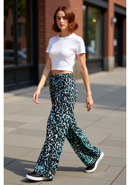 Kadın Leopar Desenli Wide Leg Dokuma Pantolon Fonksiyonel Dayanıklı Kaliteli Konforlu Spor