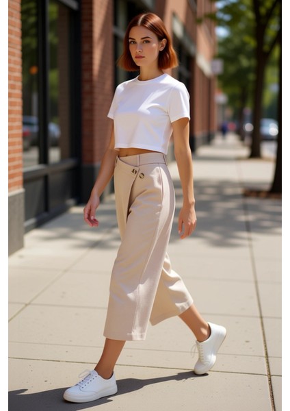 Kadın Keten Görünümlü Wrap Culotte Pantolon Fonksiyonel Dayanıklı Kaliteli Konforlu Modern