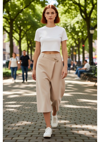 Kadın Keten Görünümlü Wrap Culotte Pantolon Fonksiyonel Dayanıklı Kaliteli Konforlu Modern modelleri