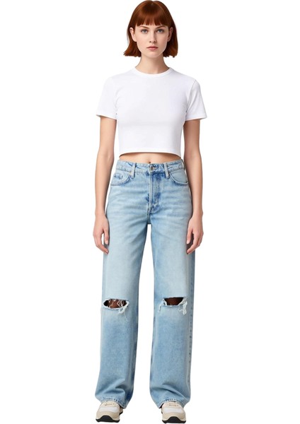 Kadın Açık Yırtık Detaylı Yüksek Bel Jean Pantolon Fonksiyonel Dayanıklı Kaliteli Konforlu fırsatları