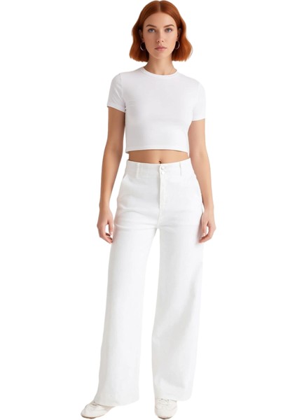 Kadın Geniş Paça Düğmeli Denim Pantolon Fonksiyonel Dayanıklı Kaliteli Konforlu Estetik Şık fırsatları