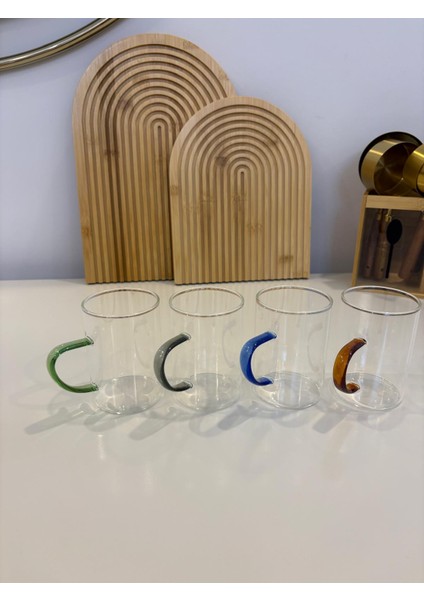 Renkli Kulplu Cam Bardak Seti - Kupa Seti - Renkli Çay Fincanı