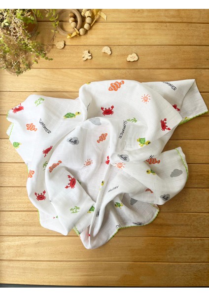 75X85CM Kenarı Oyalı Denizaltı Desenli Tek Katlı %100 Pamuk Müslin Battaniye