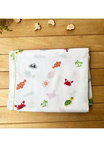 75X85CM Kenarı Oyalı Denizaltı Desenli Tek Katlı %100 Pamuk Müslin Battaniye fırsatları